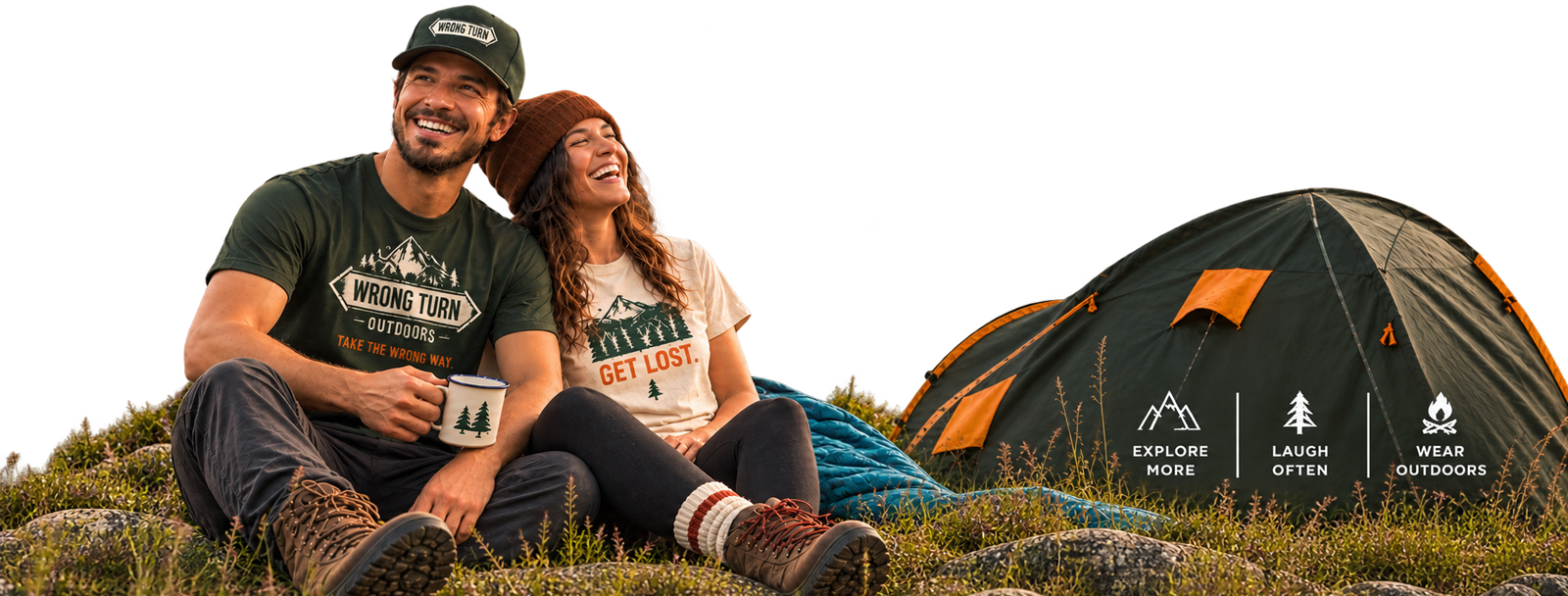 Couple wearing Wrong Turn Outdoors T-shirts camping beside a tent